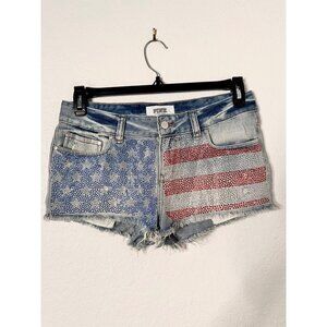 Victorias Secret Pink Denim Rhinestone Embellished Frayed Hem Shorts Size 8